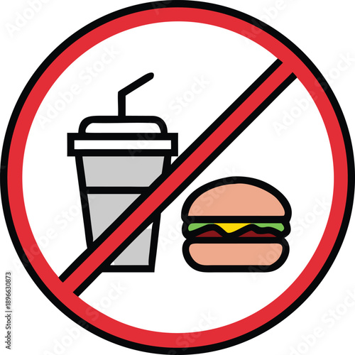 A clear prohibitory sign for no food or drink.
