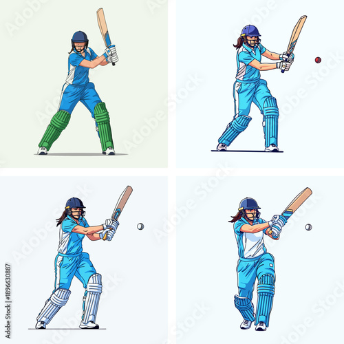 Woman cricketer batting in action vector, Female cricket player hitting a ball, vector illustration isolated; perfect for social media content, sports blogs and cricket tournament promotions