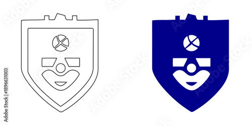 Blue Medieval Shield Icon, Minimalist Knight Crest Symbol and Outline Heraldic Guard Vector