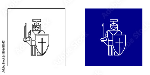 Blue Knight Icon , Minimalist Crusader Warrior Symbol and Outline Medieval Soldier Vector