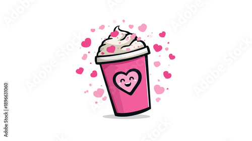 A pink coffee cup with whipped cream, decorated with hearts, and a heart face on a white background
