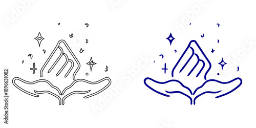 Blue Hands Holding Gemstone Icon , Minimalist Crystal Healing Symbol and Outline Magic Sparkle Vector