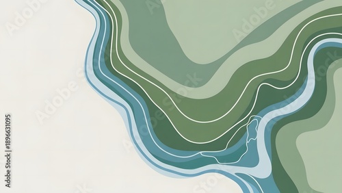 Natural cartography showing land forms and water patterns with layers of green and blue at a specific area