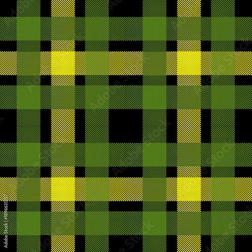 Classic Glen plaid pattern featuring a black base with intersecting white, olive green, and brown twill lines, creating a sophisticated and timeless textile design.