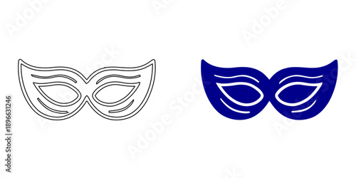 Blue Masquerade Mask Icon, Minimalist Carnival Eye Mask and Outline Party Symbol Vector