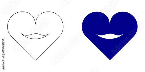 Blue Heart with Moustache Icon, Minimalist Love and Gentleman Symbol Vector