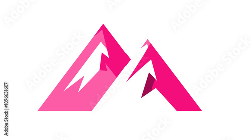 A vibrant, abstract illustration featuring two stylized, shaded mountain peaks on a white background