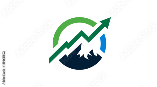 A graphic symbolizing growth features an ascending arrow over a mountain range with a partial circle