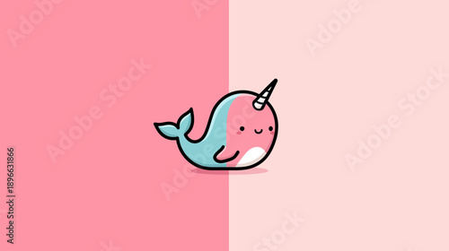 Adorable illustration of a cartoon narwhal unicorn hybrid on a pastel pink background