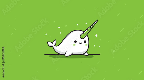 Adorable, cartoon narwhal with a long, green horn. Green background with stars and lines