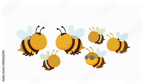 Cute Bee Family Cartoon Vector Set with Flying Bees Isolated on White Background