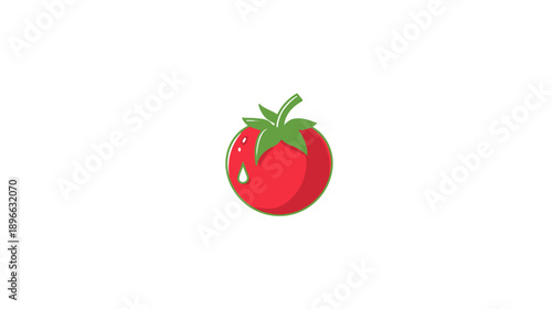 A cartoon tomato with green stem and leaves, and a water drop, set against white background