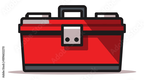 A cartoon image of a red toolbox with black outlines, a grey handle, and a shadow underneath