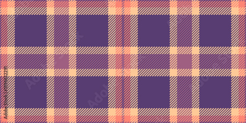 30s vector pattern tartan, wear textile check plaid. Birthday background seamless texture fabric in violet and orange colors.