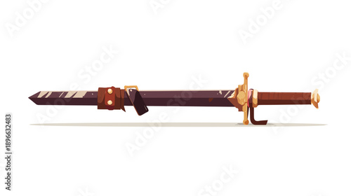 A stylized illustration depicting a sword. It features a leather grip and scabbard elements