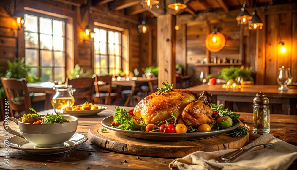 Fototapeta premium Rustic Western restaurant serving roasted chicken with herbs