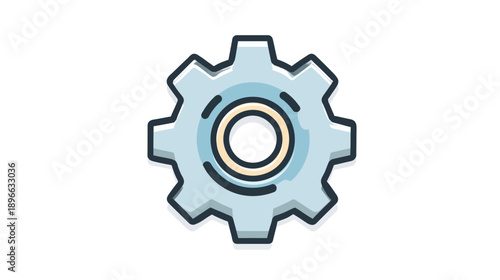 A stylized illustration of a gear with a light blue fill, dark outline, and soft shadow effect