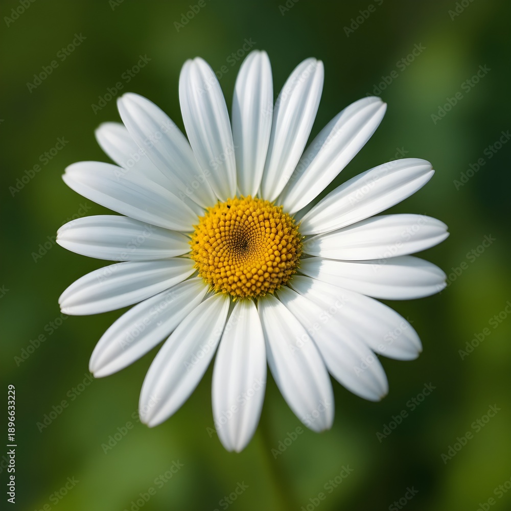 Fototapeta premium “Beautiful White Daisy Flower with Yellow Center in Full Bloom, Macro Close-Up of Fresh Chamomile or Daisy Blossom Isolated Against Soft Green Blurred Background, Spring Nature and Floral Beauty Conce