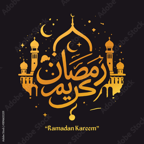 Golden Mosque Skyline with Ramadan Kareem Calligraphy, Elegant gold illustration featuring a mosque skyline with minarets and domes. Centered Arabic calligraphy and English text "Ramadan Kareem"