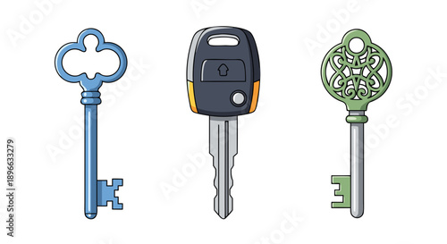 Illustration of three distinct types of keys including a modern car key and two vintage skeleton keys