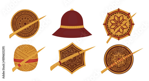 Collection of traditional woven textile accessories and an ancient maroon ceremonial sun hat
