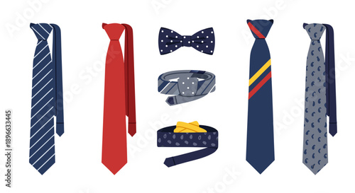 Collection of various neckties including bow ties and folded accessories for formal menswear