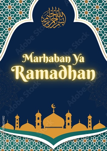 Marhaban Ya Ramadhan Greeting Design with Glowing Light Effect and Mosque Silhouette