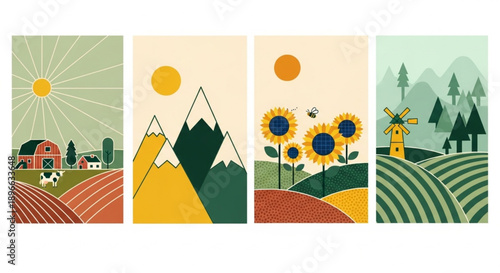 nature landscapes, featuring serene farm life, majestic mountains, vibrant sunflower fields, and classic windmills under a bright sky