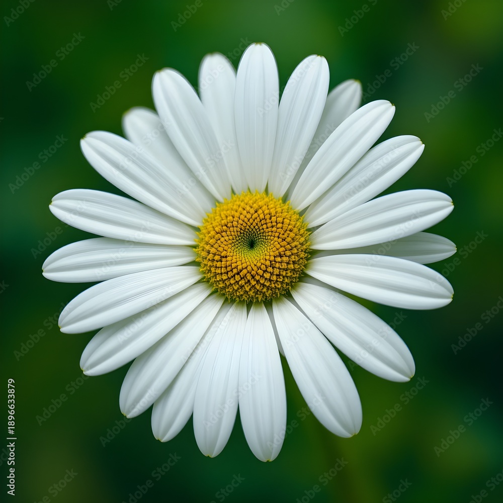 Fototapeta premium “Beautiful White Daisy Flower with Yellow Center in Full Bloom, Macro Close-Up of Fresh Chamomile or Daisy Blossom Isolated Against Soft Green Blurred Background, Spring Nature and Floral Beauty Conce
