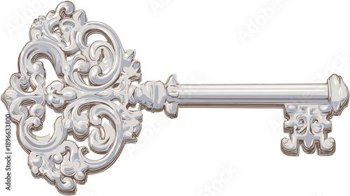 A detailed digital rendering of an ornate, antique key with intricate floral patterns