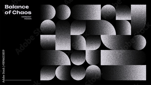 Abstract geometric shapes in retro dotted pattern. Dynamic bauhaus vector graphic for modern design. Contemporary art and technology.