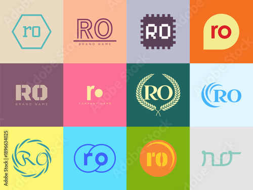 RO logo company template. Letter r and o logotype. Set different classic serif lettering and modern bold text with design elements. Initial font typography.