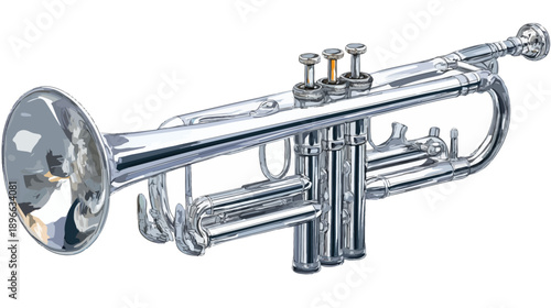 A polished silver wind instrument with valves, a bell, and tuning slides, rendered in vector art