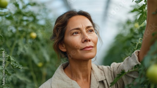 Middle-aged woman standing in a greenhouse, looking up at the sky with a thoughtful expression on her face. she is wearing a beige blouse and appears to be deep in thought.