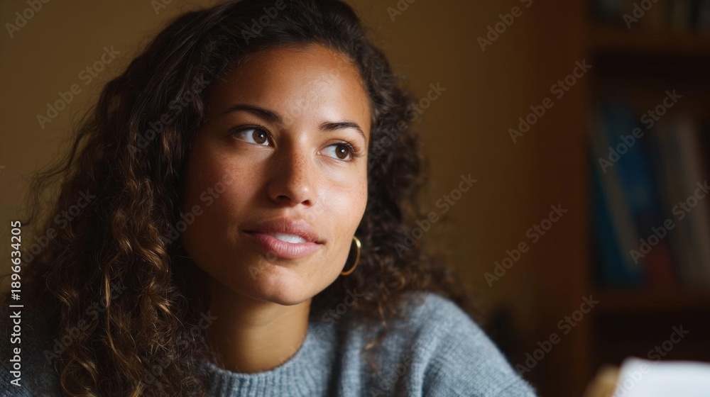Fototapeta premium Close-up portrait of a young woman with curly hair. she is looking off to the side with a thoughtful expression on her face. she has a slight smile on her lips and is wearing a gray sweater.