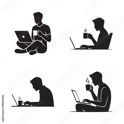 Silhouettes of people working remotely from home on laptops while enjoying coffee or tea