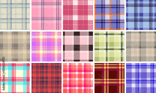 Plaid pattern bundle for accessories. Suitable for gift tags, cupcake toppers, small packaging, and decorative elements. Seamless vectors align perfectly.