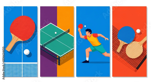 Dynamic table tennis illustrations. A vibrant set showcasing rackets, balls, a playing table, and an energetic player in action for sport and game content