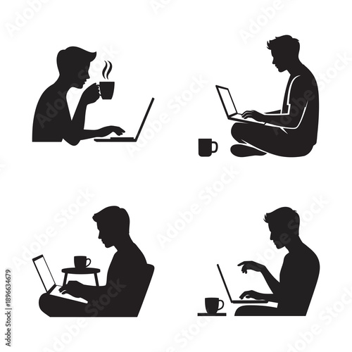 Silhouettes of a person working remotely on a laptop in various poses