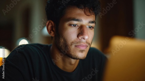 Close-up portrait of a young man. he is looking directly at the camera with a serious expression on his face. he has dark hair and a beard, and is wearing a black t-shirt.
