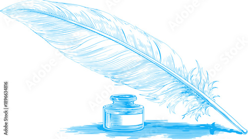 A detailed blue-toned illustration featuring a quill pen, resting near an inkwell, on a white background