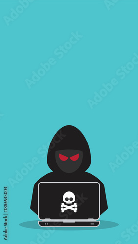 Hacker at laptop icon. Flat illustration of hacker at laptop vector icon for web design	