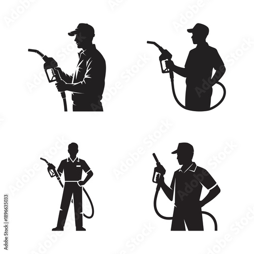 Black silhouettes set of a petrol attendant holding a gas nozzle and hose