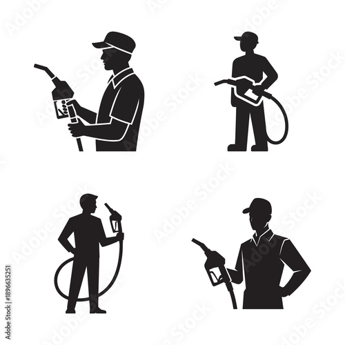 Silhouettes of gas station attendants holding pump nozzles, a set of icons for service industry