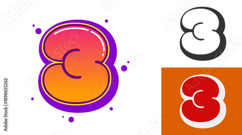 3 three number design for festival or birthday party in graffiti style. Creative modern lettering for kids.