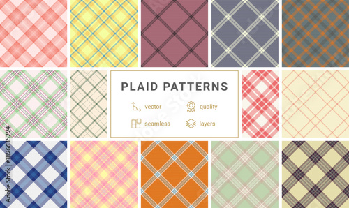 Plaid pattern pack created for labels and packaging of home goods. Coordinated tartan designs add charm and style. Vector precision ensures clarity.