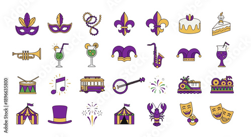 A vibrant collection of Mardi Gras and New Orleans themed icons, featuring masks, musical instruments, food, drinks, and festive elements in purple, gold, and green.