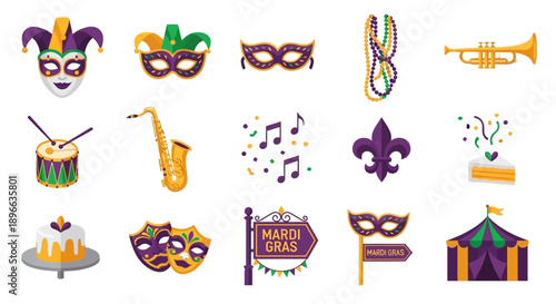 A collection of colorful Mardi Gras celebration icons including masks, musical instruments, cakes, and festive decorations.