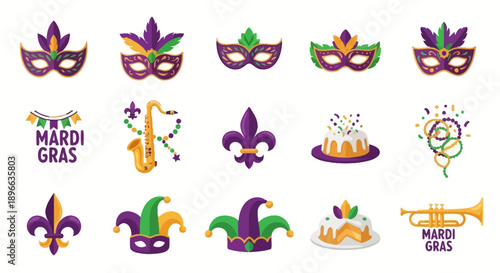 A collection of colorful Mardi Gras themed icons including masks, jester hats, fleur-de-lis, king cakes, musical instruments, and festive decorations.