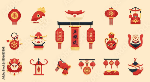 A collection of traditional Chinese New Year decorations and cultural symbols, including lanterns, fish, scrolls, and festive ornaments in red and gold.